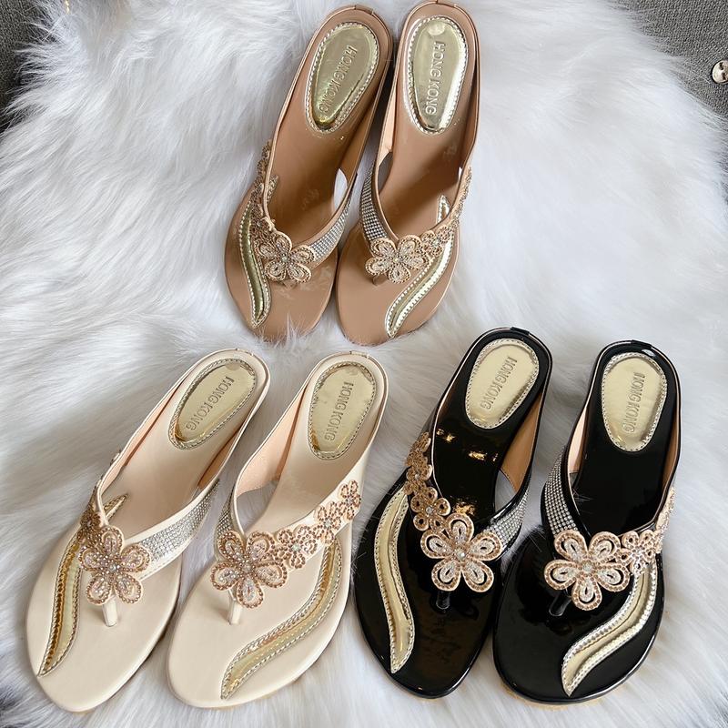 Dép kẹp xỏ ngón đính xoàn bông mai đế xuồng thấp 3cm Nữ