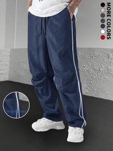Men's Solid Color Reflective Stripe Side Sports Straight Leg Pants, Regular Fit Casual Comfy Breathable Drawstring Waist Trousers for Outdoor Activities, Men's Sportswear for Daily Wear