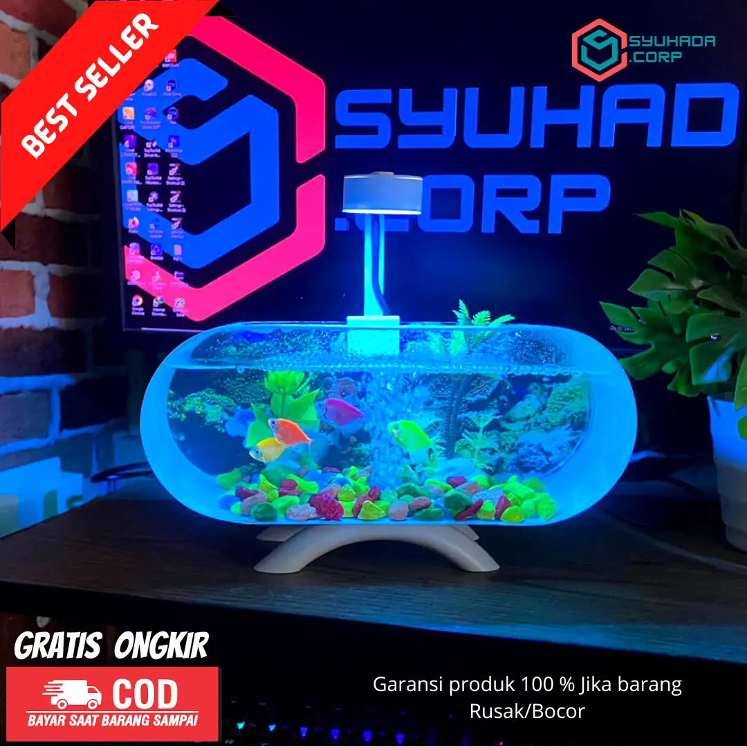 (PROMO) Aquarium mini / Akuarium mini lengkap dengan mesin oxygen aksesoris dan lampu LED 5 WATT(M02)