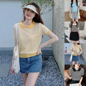 Blouse Atasan Wanita Korean Crop Top Kaos Lengan Pendek Bergaris Wanita Kerah Polo Musim Panas Chic Tipis Serbaguna Atasan Elegan Casual Sehari-Hari