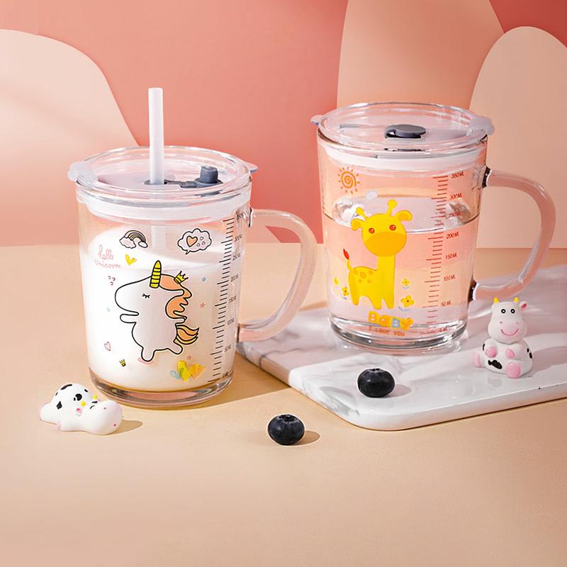 Cốc Chia Vạch Thuỷ Tinh Cốc Pha Sữa Cho Bé Có Ống Hút Silicon Dùng Cho Bé Tập Uống 400ml, Nếu có hư hỏng sẽ bồi thường 100% EASEL Voi