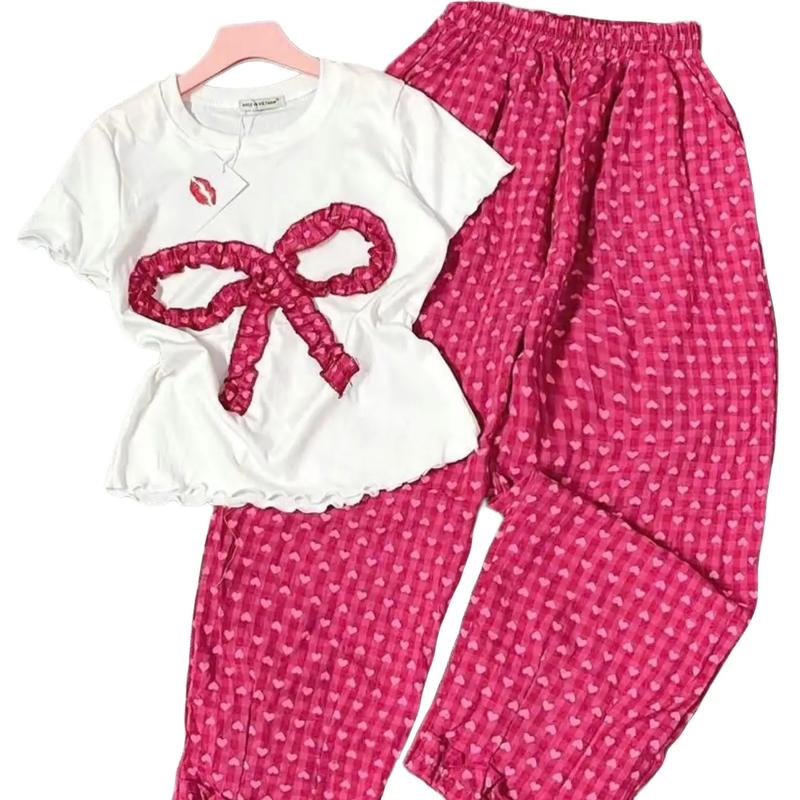 S1[ XẢ KHO FULL SET]Set bộ phối nơ áo với quần ống rộng tim xinh freesize  Ong Women