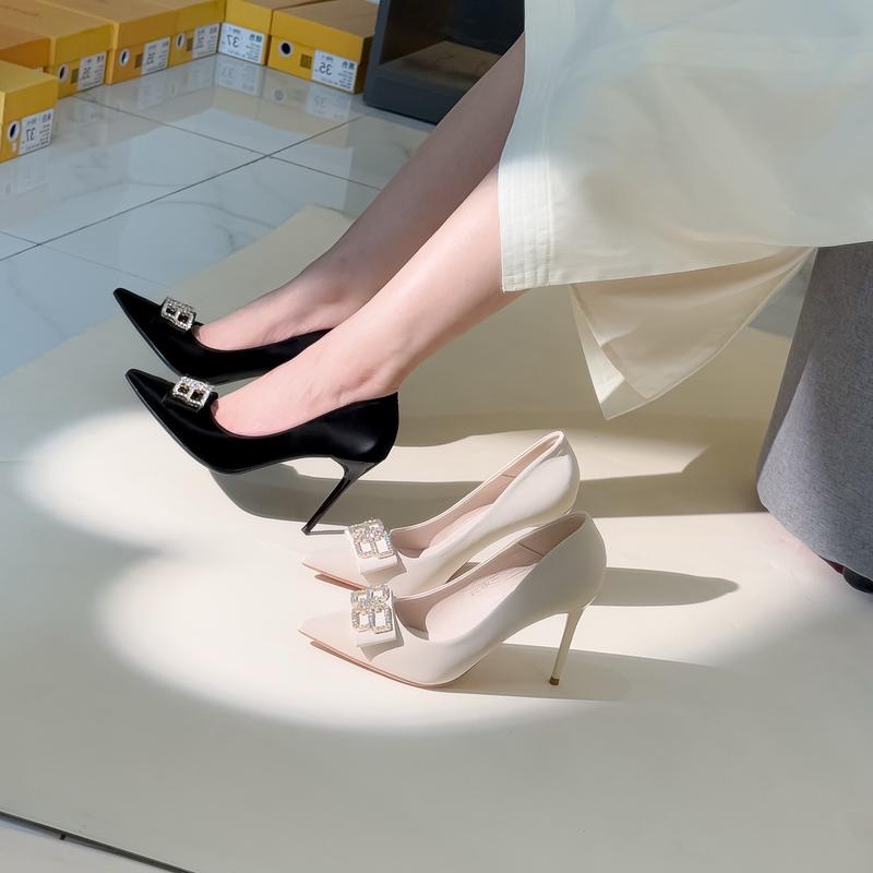 (Cao 9cm) Mã 181-28A  giày cao gót da mềm khuy đá chữ dành cho nữ, hàng QC cao cấp