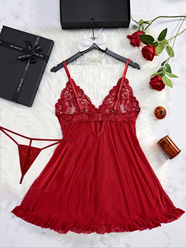 Women's Solid Color Floral Lace Bow Decor Deep V Neck Sheer Mesh Cami Nightdress & Thong, Romantic Comfortable Breathable Adjustable Spaghetti Strap Backless Ruffle Hem Nightdress & Thong Set for Daily Wear, Women Sexy Lingeries & Costumes 7
