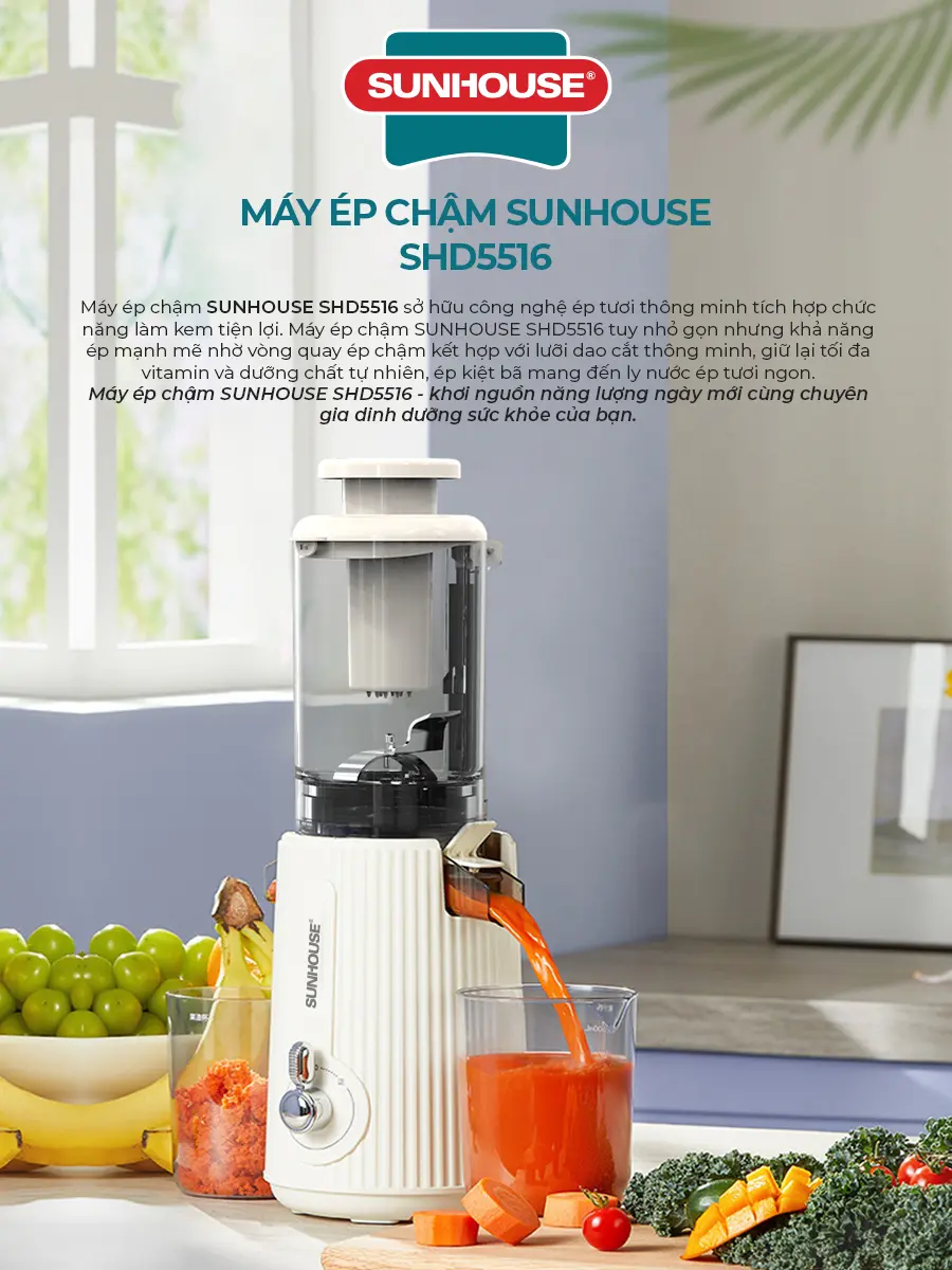 MÁY ÉP CHẬM HOA QUẢ.  MÁY ÉP TRÁI CÂY CHÍNH HÃNG SUNHOUSE SHD5516