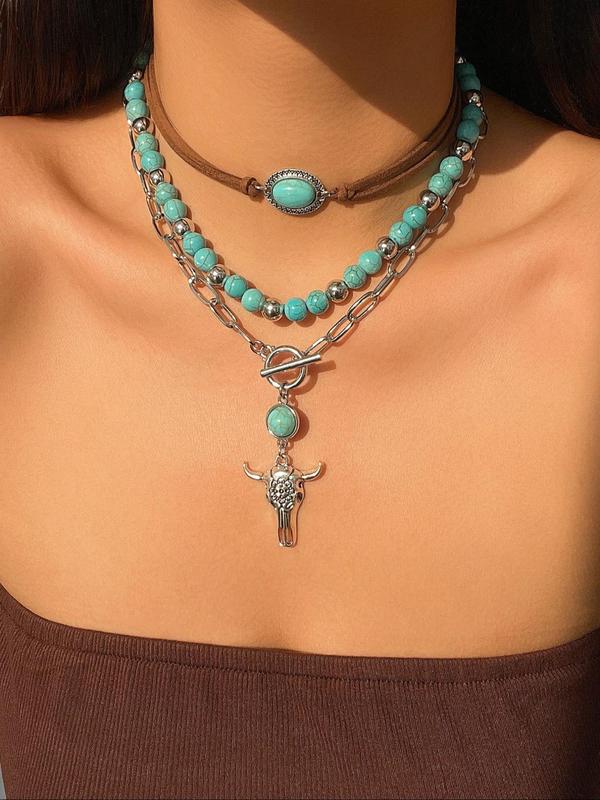 Vintage Cow Head Decor Beaded & Pendant Necklaces, Boho Style Turquoise Decor Luxury Jewelry for Women & Girls, Party, Daily Clothing Decor, Birthday Gift, Statement Necklace, Western Jewelry 0