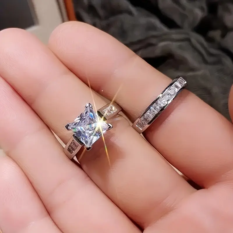Luxury 2pcs Stackable Ring Set With Shimmering Cubic Zirconia, Elegant Engagement/Wedding Band, Dual-Sided Party Decor Faux Jewelry mara  paris  ring anxiety  rings brilliant  earth state  men amber  heart promise elongated  cushion  engagement loitering 5