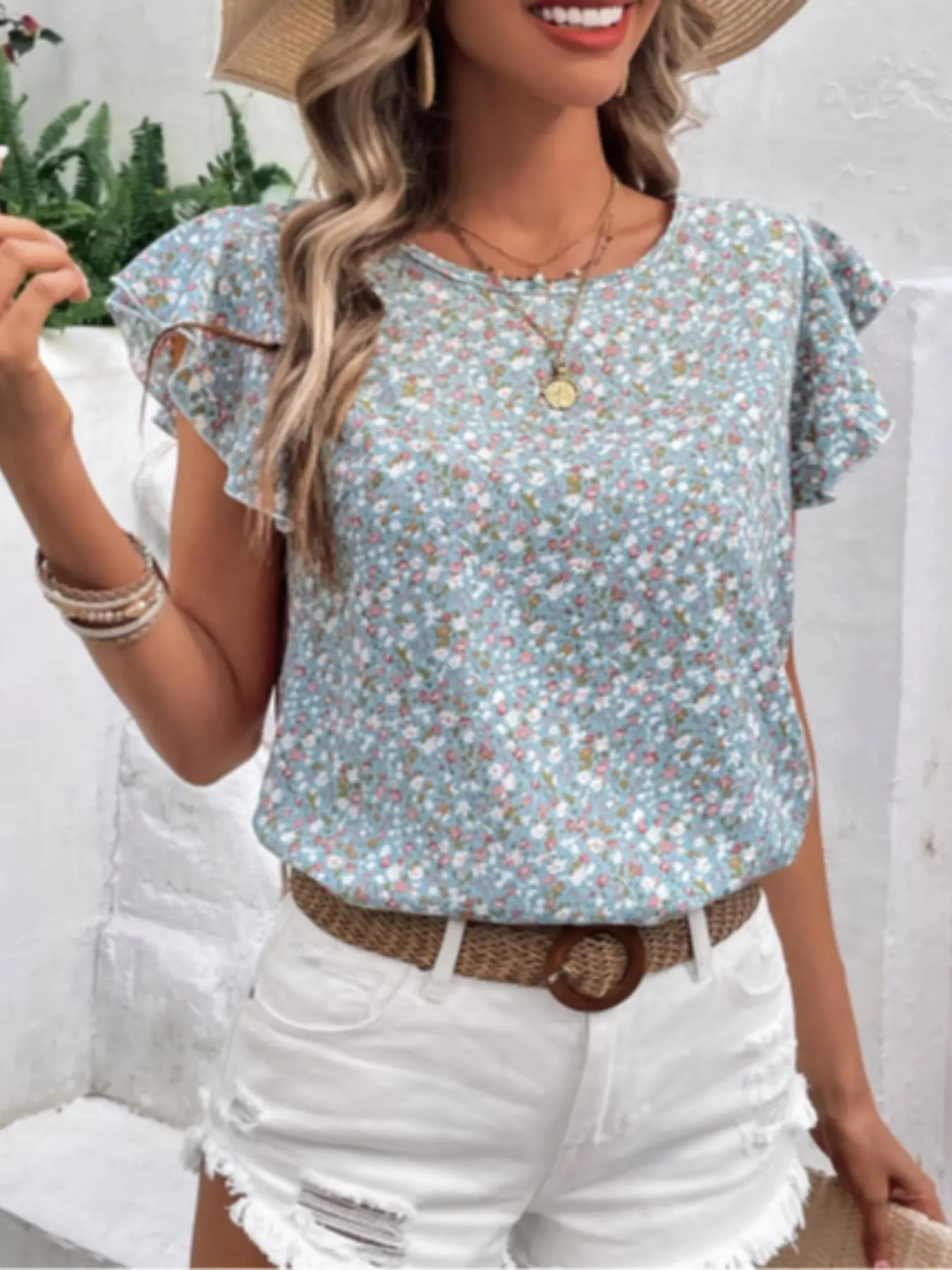 Women's Ditsy Floral Print Blouse, Casual Butterfly Sleeve Round Neck Top for Daily Wear, Ladies Clothes for All Seasons