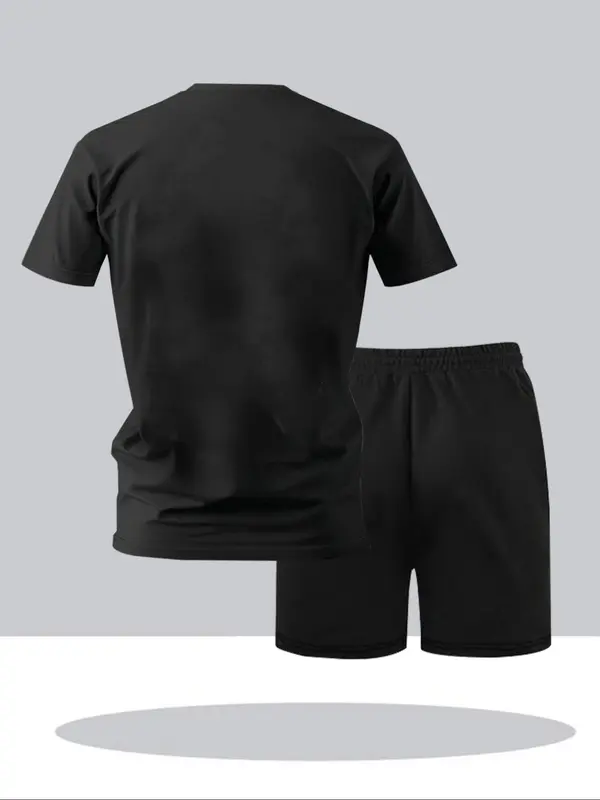 Men's Letter Print Tee & Drawstring Waist Shorts Set, Regular Fit Round Neck Short Sleeve T-shirt & Track Shorts, Casual Summer Clothes for Outdoor 7