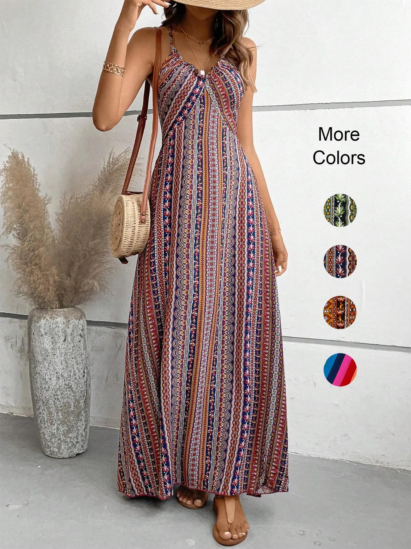 Women's Ethnic Pattern Criss Cross Backless Cami Dress, Boho Fashion Spaghetti Strap Long Sundress for Beach, Ladies Summer Clothes, Slip Dress