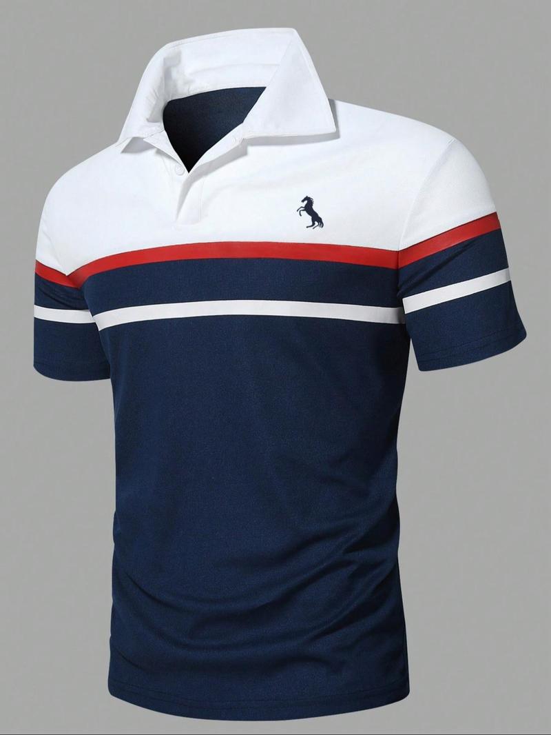 Product Introduction of Men's Horse Print Contrast Collar Polo Shirt, Regular Fit Casual Short Sleeve Top for Summer, Fashion Men's Clothes for Daily Wear, Tropical 4