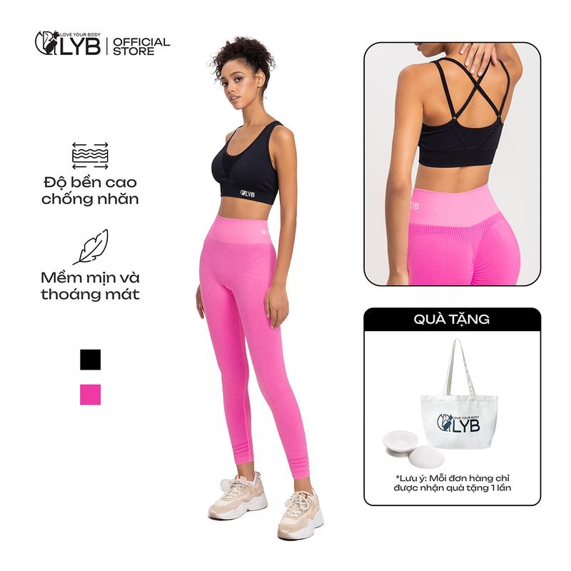 Bộ tập gym LYB áo croptop dây chéo lưng và quần legging dài, màu đen hồng thời trang.