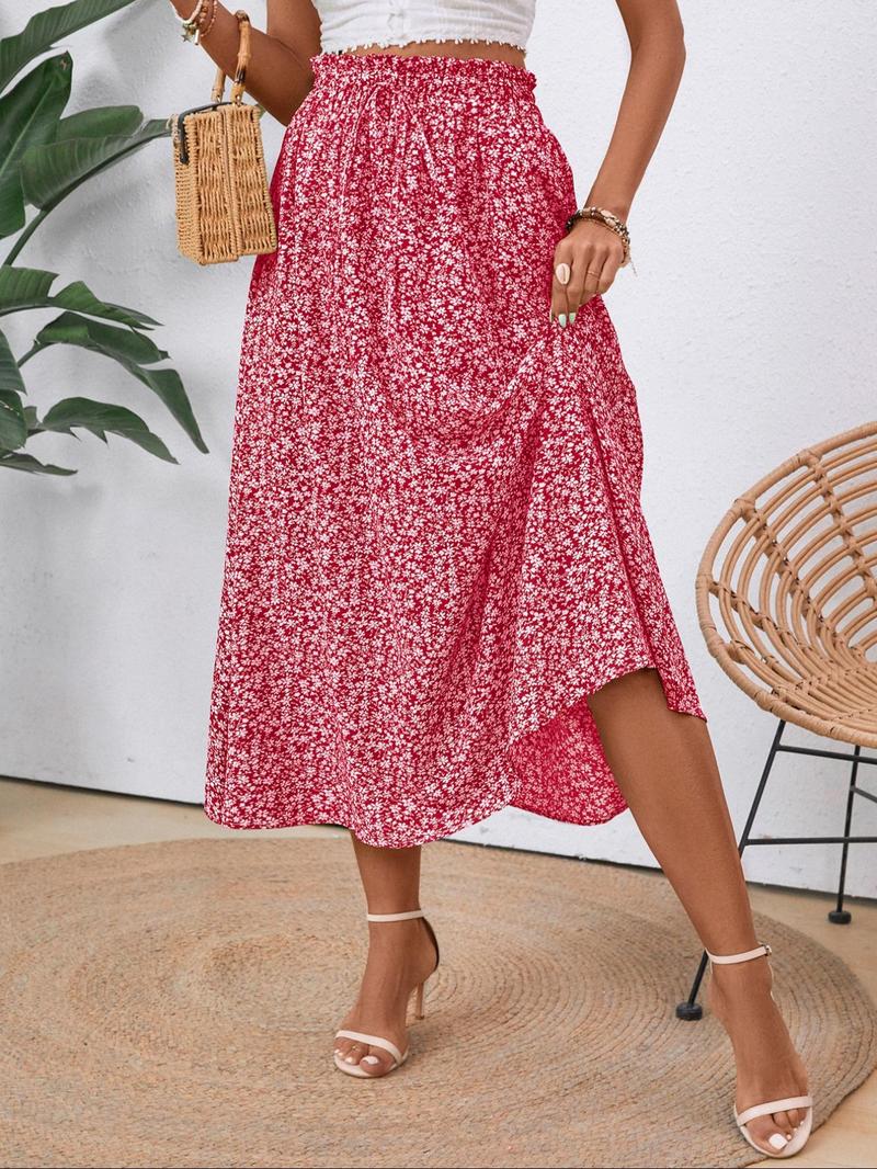 Product Introduction of Women's Plain/Ditsy Floral Print Skirt, Elegant Drawstring Waist Skirt for Holiday Vacation Daily Wear, Ladies Summer Clothes 7