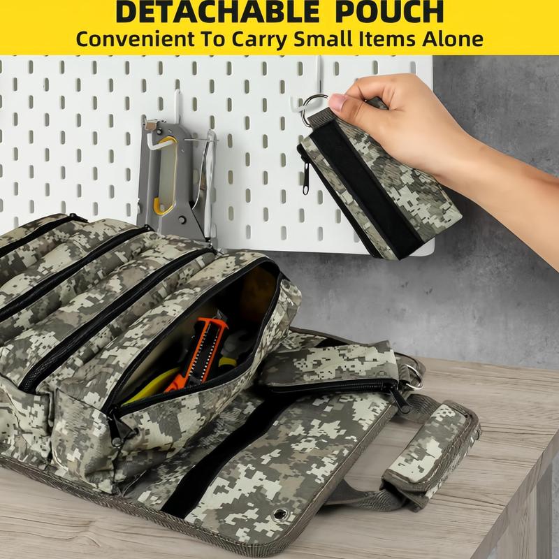 Product Introduction of Roll Up Tool Bag, Portable Tool Storage Bag with 2 Detachable Zipper Pouch, Compact Small Carrier Bag for Electrician Mechanic 3