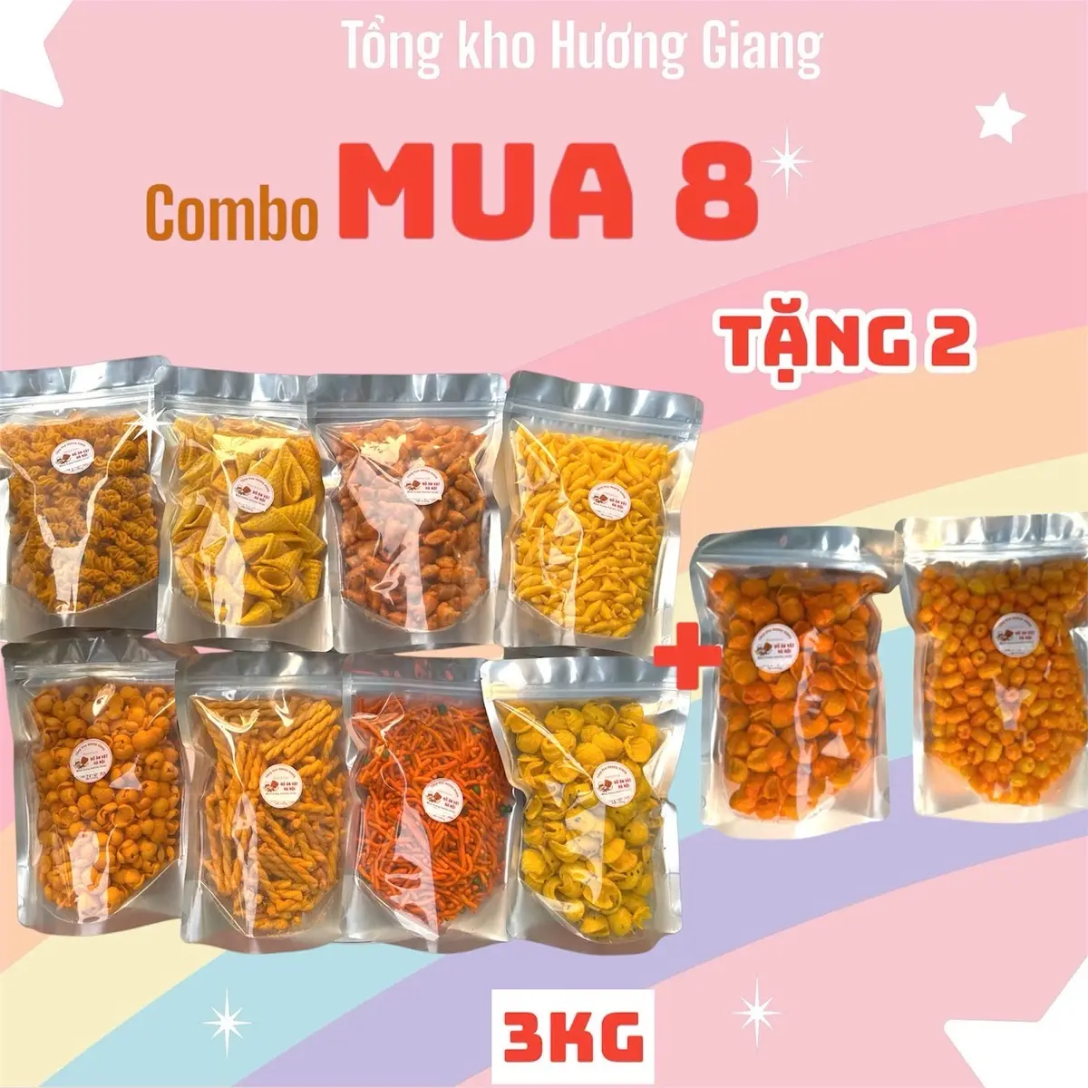 [Combo Mua 8 tặng 2] Combo snack ăn vặt: Cua mỡ hành - Snack râu mực -  que xoắn - Tăm đậu Hà Lan - cá vàng - Sò vừng - Snack nón - xương chó (Tặng Sò phô mai + Nui chiên) - Tổng 3Kg -  Food combo