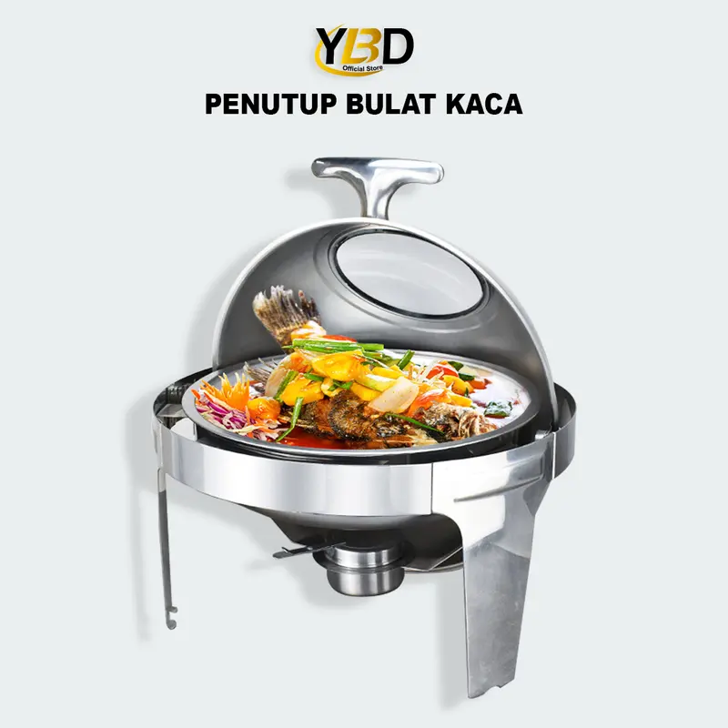 YBD - Prasmanan Roll Top Stainless Steel 6.8 Liter Tutup Stainless & Tutup kaca | Roll top prasmanan bulat Gold & silver | Perlengkapan dapur wadah prasmanan stainless | Tempat makan prasmanan | Roll top wadah makanan peralatan masak Kitchenware 8