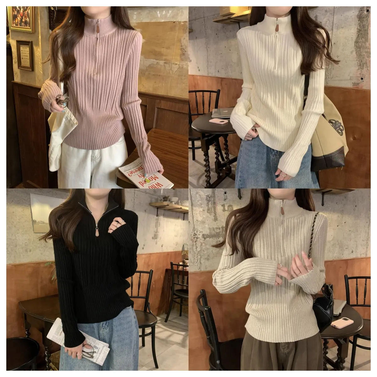 Áo Len Dệt Kim Cổ Lọ Có Khóa Kéo, Thiết Kế Thanh Lịch, Cao Cấp, Dài Tay, Dành Cho Nữ, Thiết Kế Đẹp, Hợp Xu hướng, Thích Hợp Cho Mùa Thu Và Mùa Đông Top Màu Đen Women