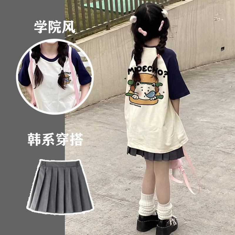 Bộ Váy Xếp Ly Dopamine, Phong Cách Nóng Bỏng, Dành Cho Học Sinh Nữ, Áo ngắn Tay Dáng Rộng Rãi, Váy Ngắn, Bộ Hai Mảnh, Xu Hướng Ins, Năm 2025 1