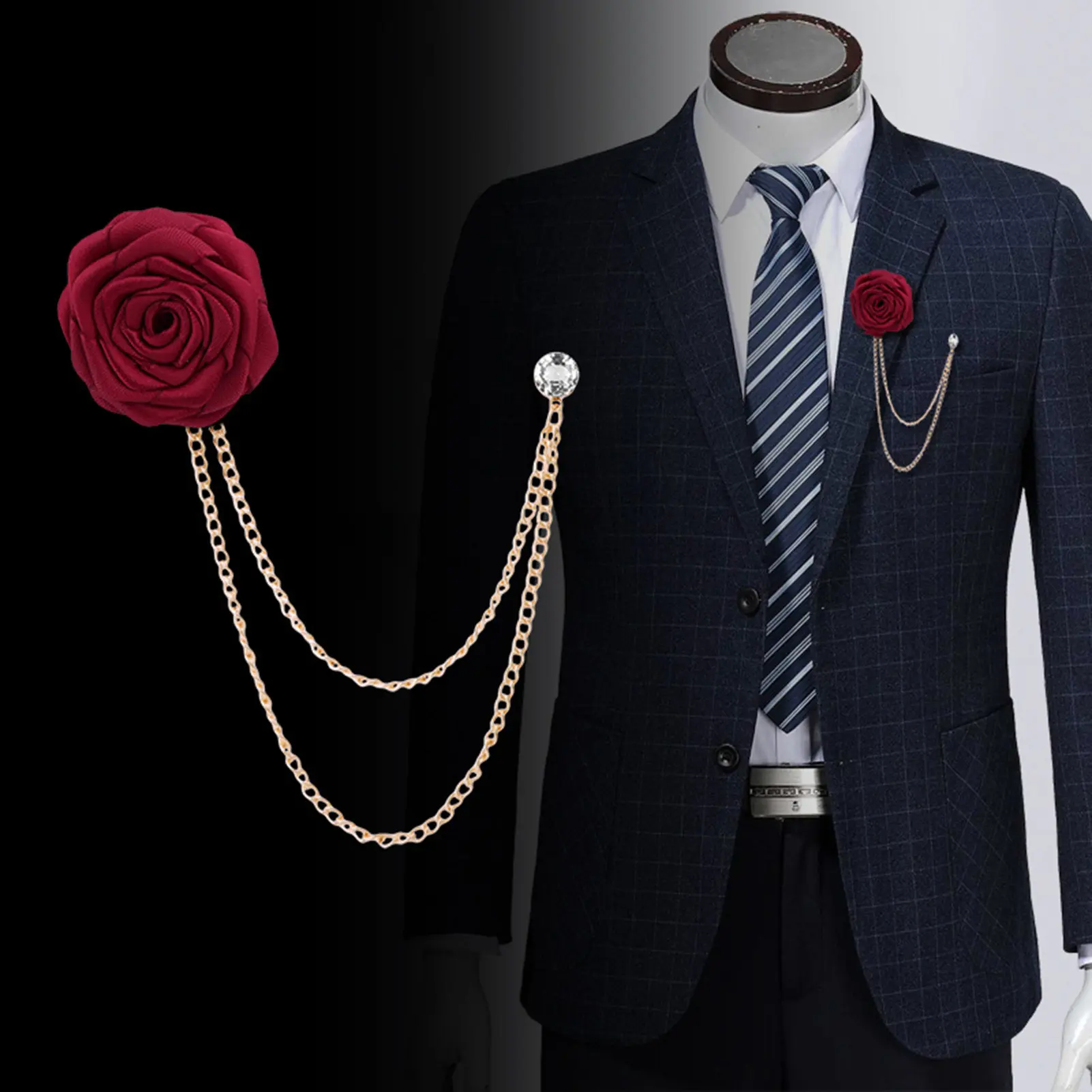 Qwodxdz Lapel Pin Korean Style Cloth Art Glitter Rhinestone Hand-made Rose Tassel Chain Wedding Brooch for Celebrations