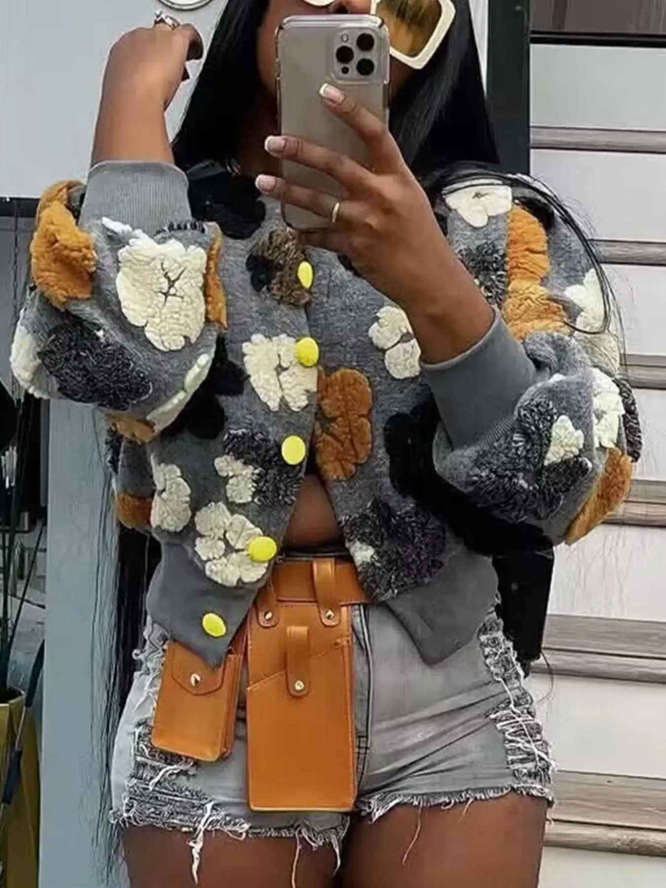 Women's Textured Floral Pattern Button Front Plush Jacket, Street Fashion Long Sleeve Round Neck Outerwear for Daily Outdoor Wear, Ladies Clothes for Fall & Winter