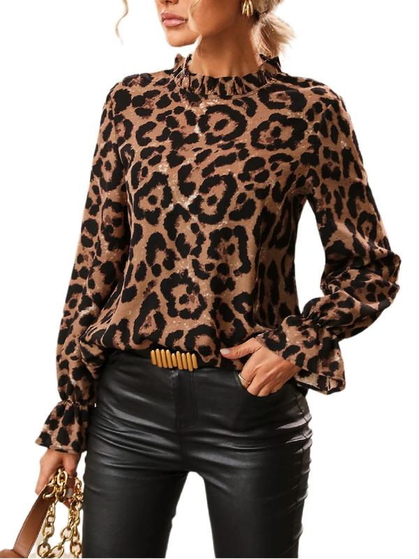 Women's Leopard Print Mock Neck Blouse, Elegant Long Sleeve Top for Spring & Fall, Women's Clothing for Daily Wear 0