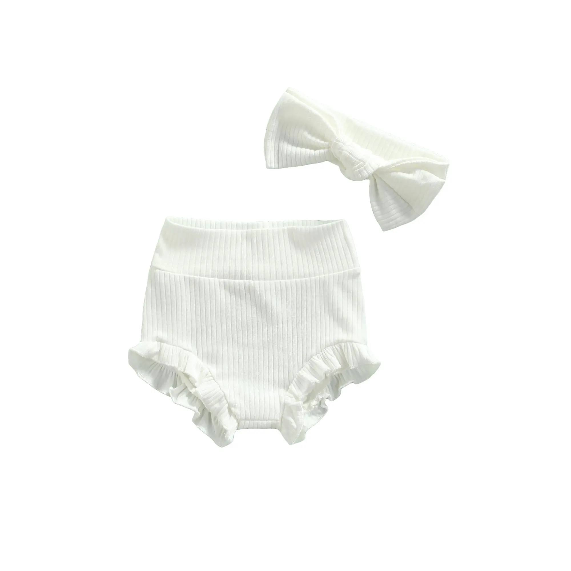 2Pcs Baby Girls Outfit, Toddlers Summer Sweet Style Solid Color High Waist Elastic Lace Shorts + Bow Headwear Set Recommended age:0-18 Months