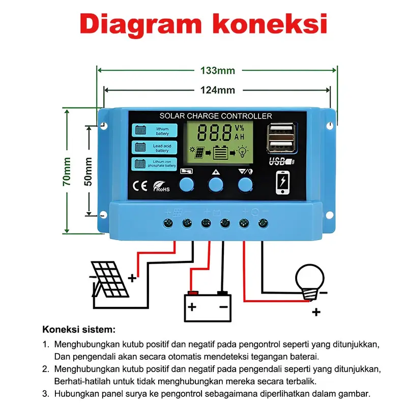 Pengontrol Pengisi Daya Surya Tampilan LED LCD PWM Surya 12V/24V 10A 20A 30A Panel USB Pengisi Daya Surya 6