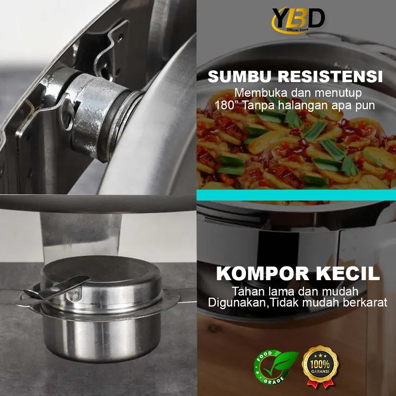 YBD - Prasmanan Roll Top Stainless Steel 6.8 Liter Tutup Stainless & Tutup kaca | Roll top prasmanan bulat Gold & silver | Perlengkapan dapur wadah prasmanan stainless | Tempat makan prasmanan | Roll top wadah makanan peralatan masak Kitchenware 2