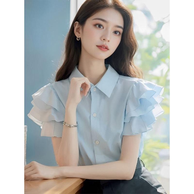 Product Introduction of (in Stock) European Goods Beautiful Fashion Casual Temperament High-Grade Super Nice Top Blue Ruffled Short Sleeves Women's Shirt Women's Summer Blouse Lingerie 8