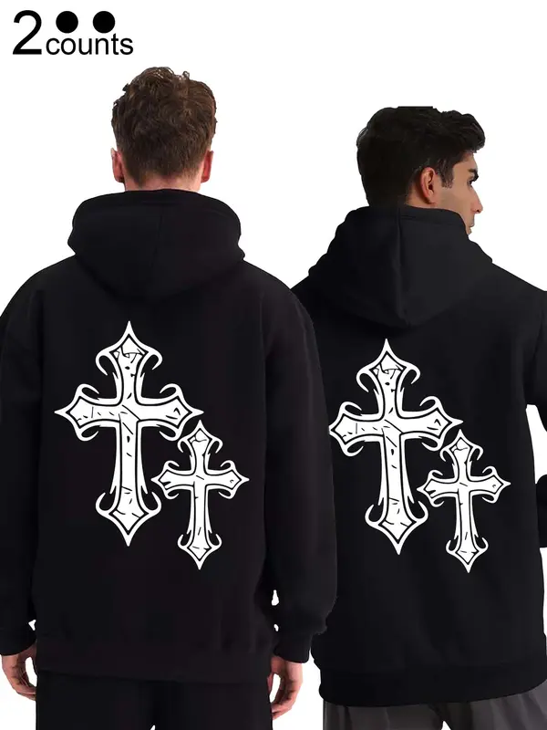 Men's Cross Print Pocket Drawstring Hoodie, Regular Fit Casual Long Sleeve Hooded Sweatshirt, Men's Fall & Winter Clothes for Daily Wear 5