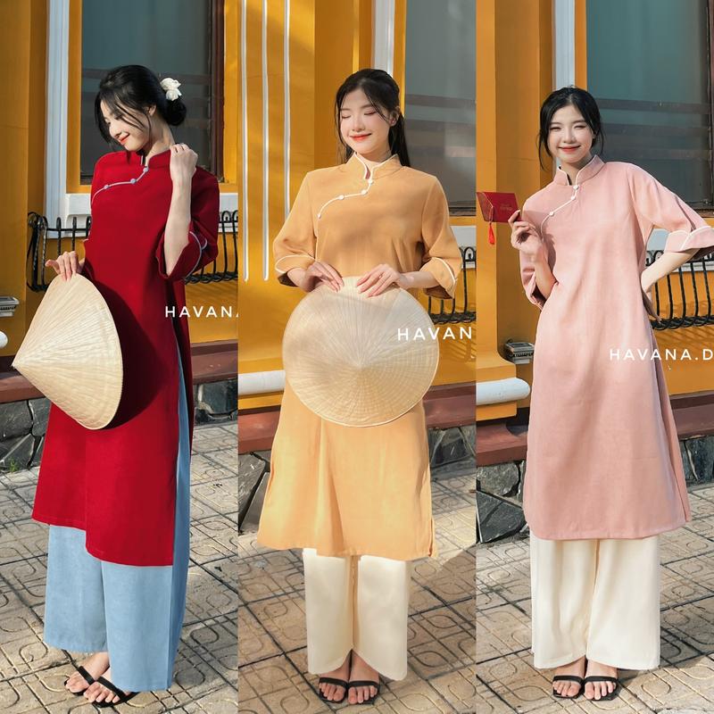 Áo dài cách tân nữ nhung mịn tay lửng phối viền đính cúc bọc HAVANA AD21
