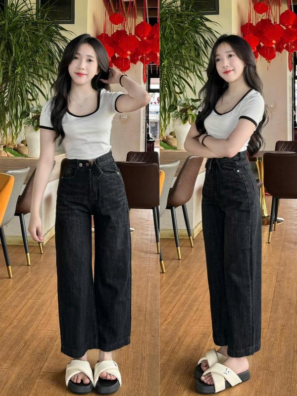Quần bò nữ ống rộng thêu nơ nhỏ túi sau, chất vải mềm mại không co giãn ống suông Women's Jeans 2
