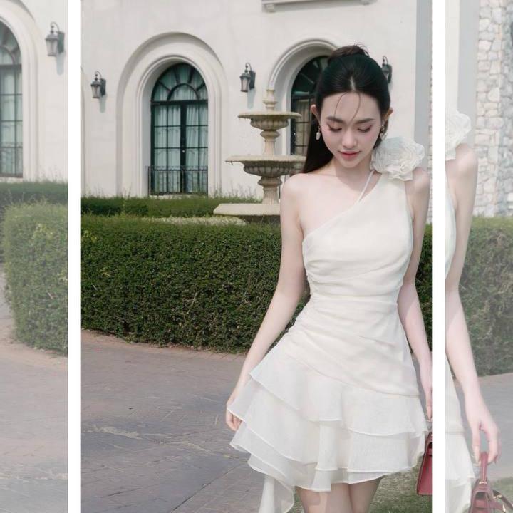 KC1524 Đầm Lệch Vai Tua Rua Kèm Hoa Sang Chảnh Đầm Dự Tiệc Xinh Lung Linh Cho Các Nàng Đầm Váy Trendy Bắt Xu Hướng,Đầm Váy Đi Date Hẹn Hò vaytet