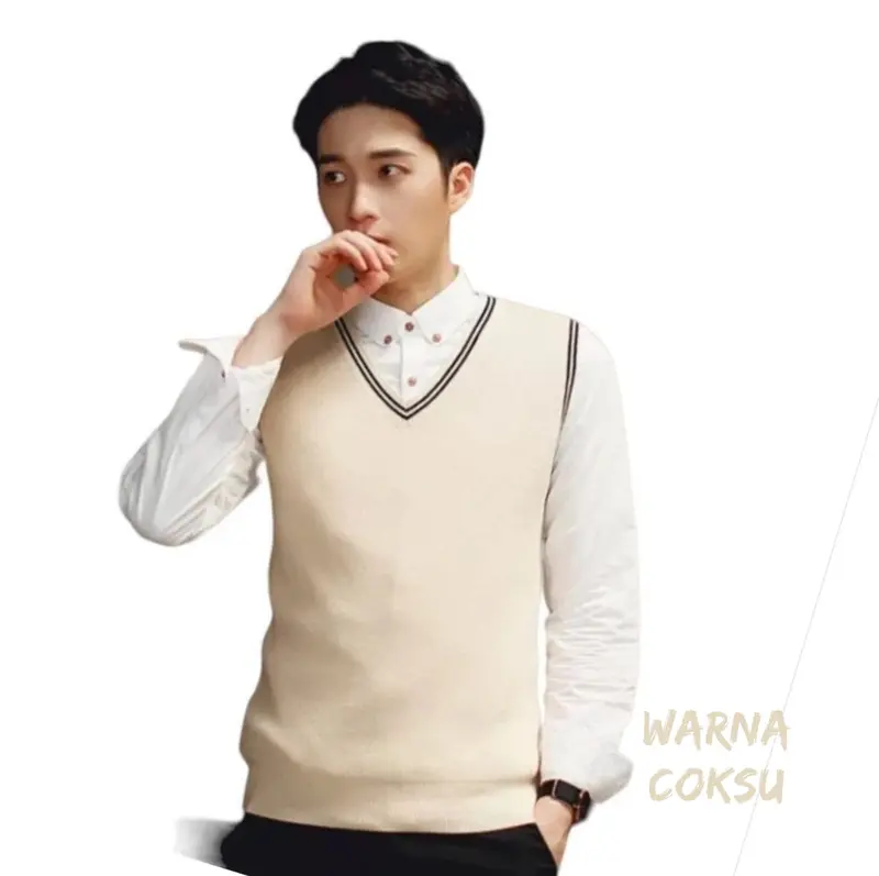 Rompi Rajut Pria list korea style outer terbaru v vest premiun Tebal Casual Navy Outdoor Keren 0