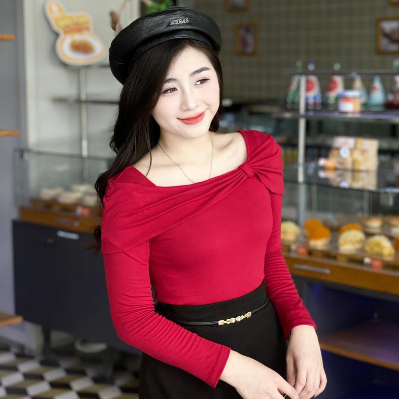 Áo giữ nhiệt nơ ngực chất cotton Nhật mềm thiết kế Evalover AGN2024259 - Top Nữ