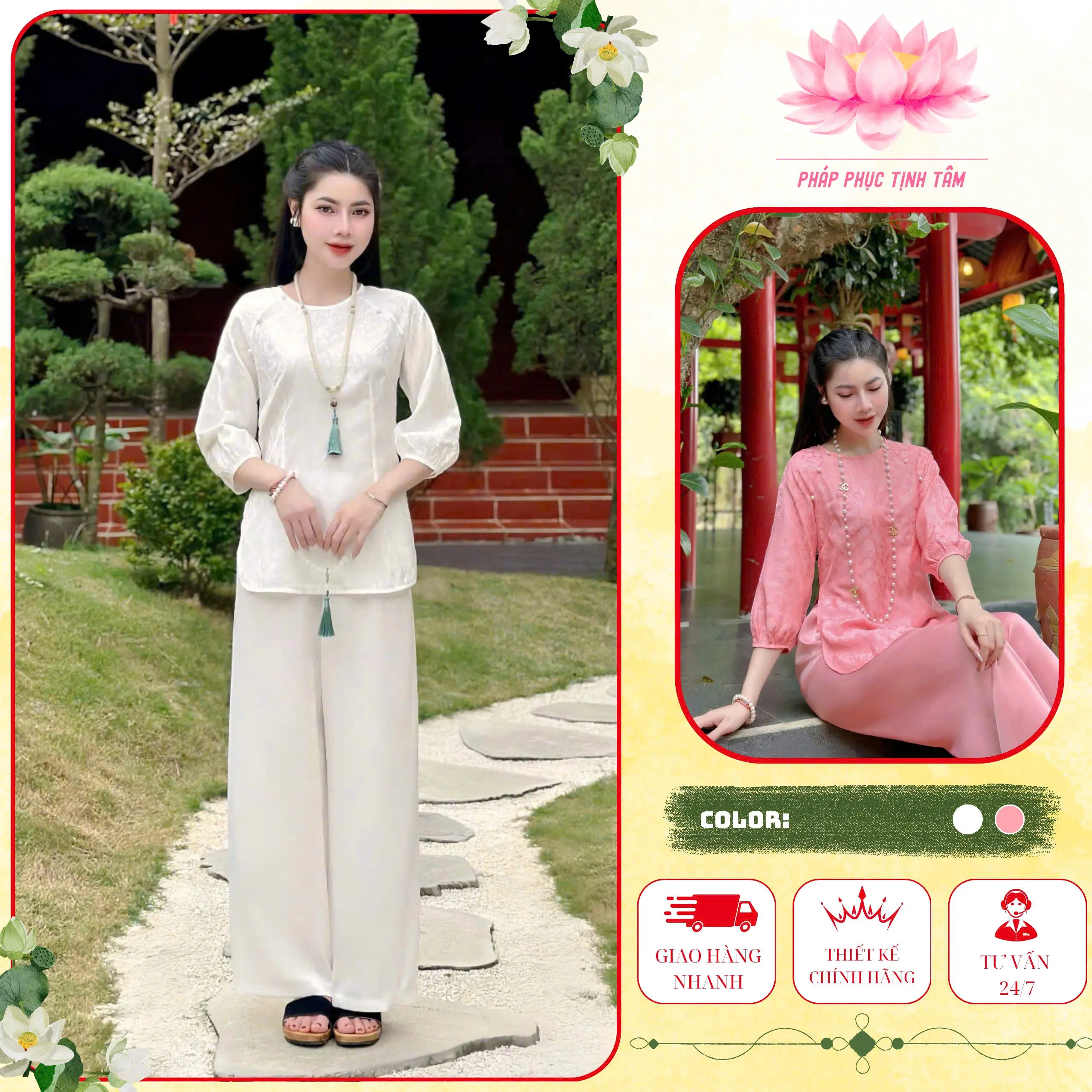 Pháp Phục Tịnh Tâm Cao Cấp Cổ Tròn Tay Bồng Đi Lễ Chùa Mùa Tết Lụa Gấm Siêu Xinh 4 Size S,M,L,XL Top Women