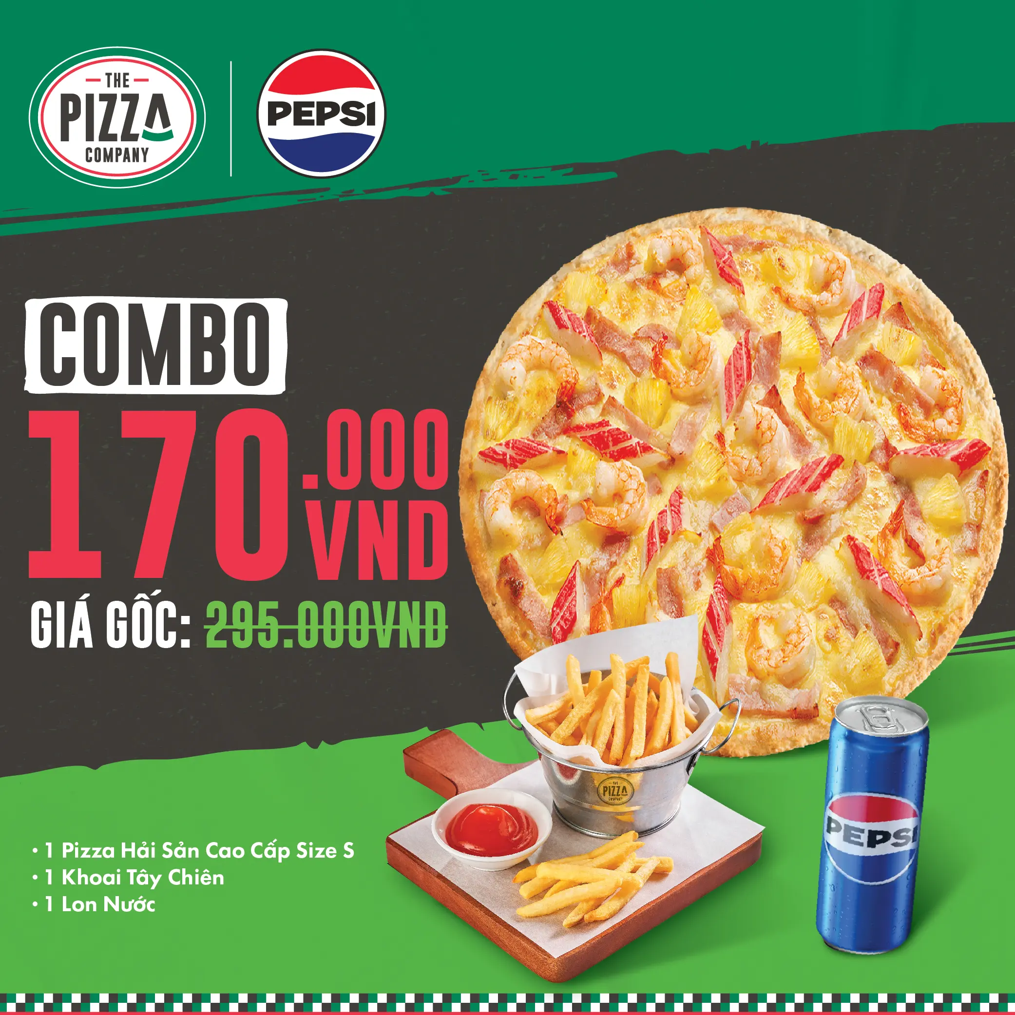 Combo Pizza S - Hải Sản - (1-2người) - 1 Pizza Hải Sản Cao Cấp size S + 1 Khoai Tây Chiên + 1 lon Pepsi - The Pizza Company - (Giao nhanh 1H)