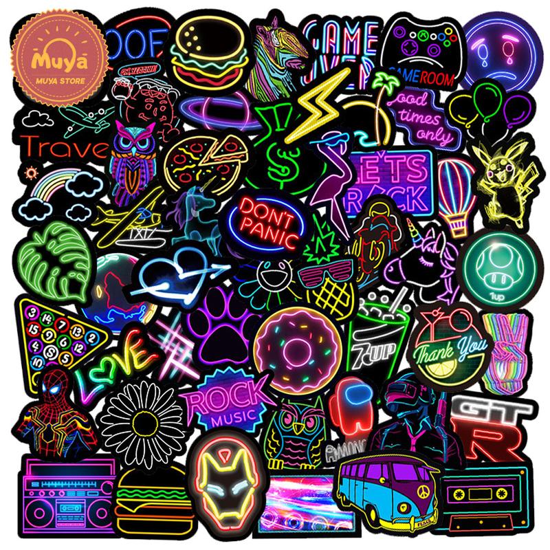 MUYA 100pcs Neon Stickers Cool Cartoon Graffiti Vinyl Stickers ...