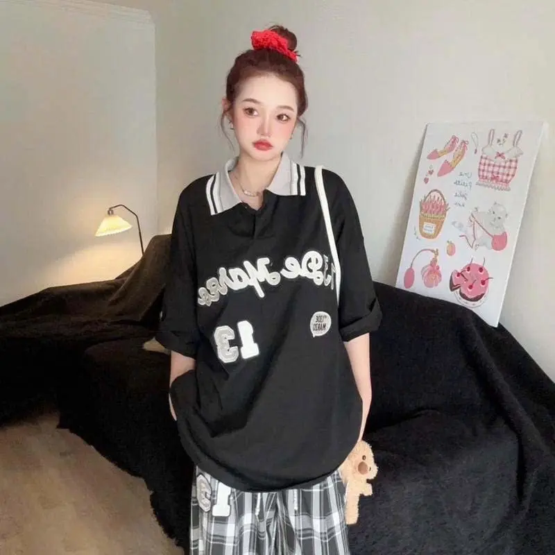 [TẶNG KÈM GẤU NÂU ĐEN] Áo thun cotton form thụng  cổ polo Demazo màu đen thêu chữ cá tính cho nữ by Tlan 6