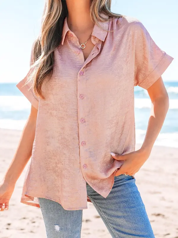 Women's Metallic Button Shirt, Elegant Curved Hem Short Sleeve Top for Spring & Fall, Ladies Clothes for Daily Wear 0
