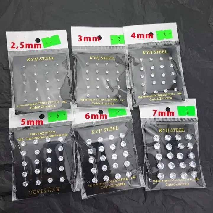 Bông tai đá tròn trắng đủ size chấu inox không đen- không dị ứng, dùng cho nữ