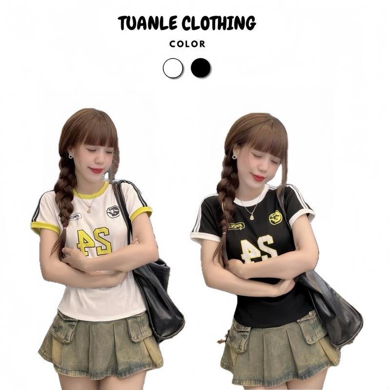 Áo Thun BabyTee In Hình Số 24 Phối Viền Cổ Tròn Nhiều Màu Nữ Women Phong Cách Hàn Quốc Dễ Thương Top áo bay baby tee ôm người Trắng áo baby