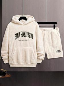 Men's Letter Print Drop Shoulder Thermal Lined Hoodie & Elastic Waist Shorts Two-piece Set, Loose Casual Fashion Cozy Breathable Two Piece Outfits for Daily Outdoor Wear, Men Clothes for Fall & Winter