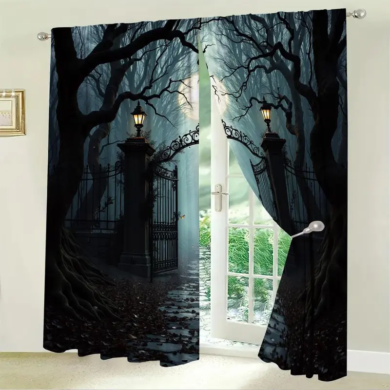 Moonlight Forest Pattern Door Curtain, 1 Set Halloween Themed Door Curtain, Home Decor for Living Room Bedroom, Vanity Decor Accessories 6