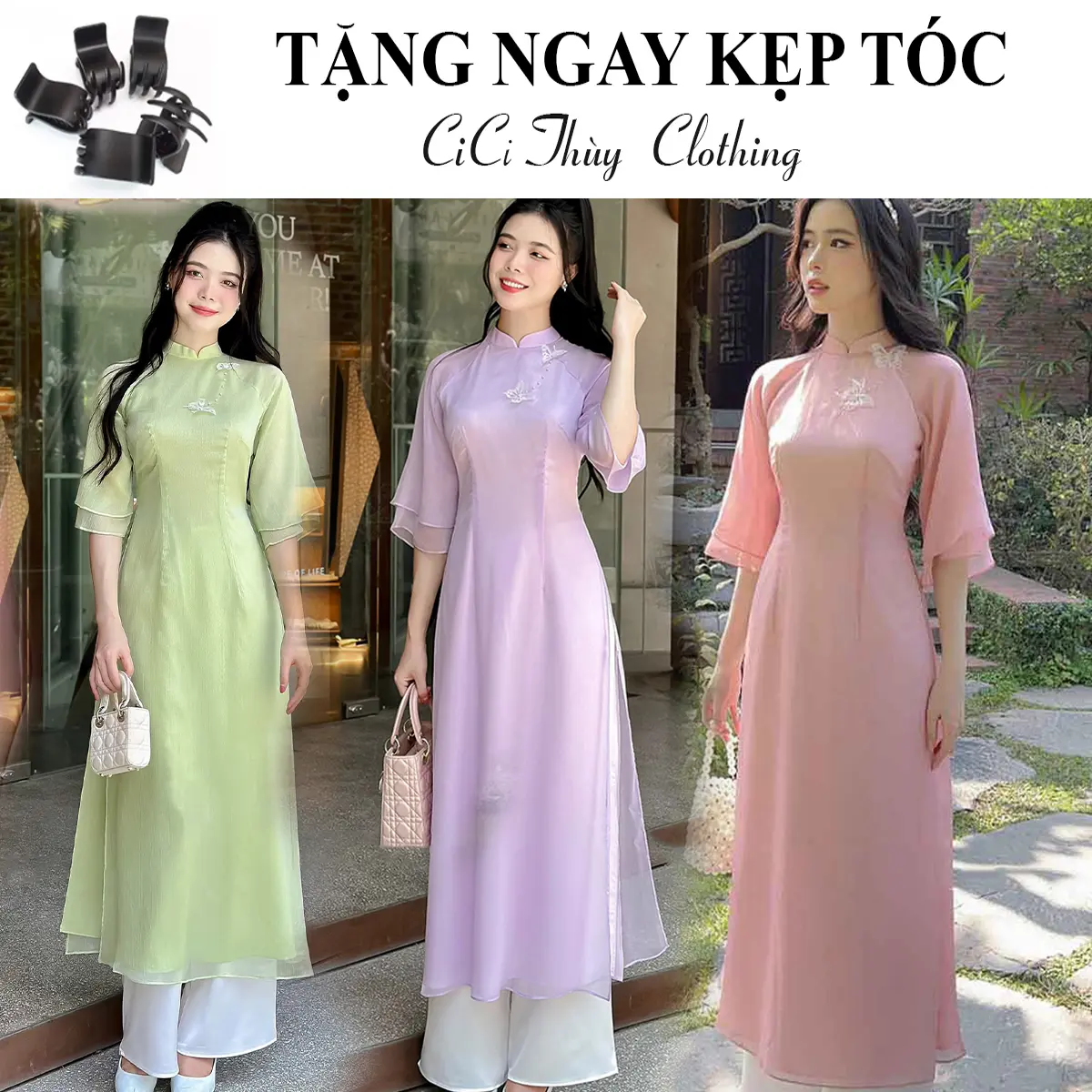 Áo Dài Ngọc Diệp Chít Eo Chất Liệu Tơ mềm mịn áo dài đẹp 4 tà có cổ truyền thồng chất liệu voan tơ mềm phối tay 2 lớp Nữ Women Dress
