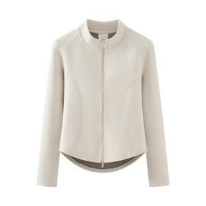 2025ベージュスタンドカラークロップドパーカー-ダブルジッパースリムフィットスウェットシャツ、女性用韓国スタイルジャケット、カジュアル通勤&デイリーウェア670