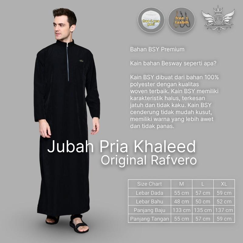 RAFVERO Jubah Pria Khaleed Dewasa Hitam Polos Muslim Panjang Bahan BSY Premium Size M L XL Gamis Pria Lazat Non Katun Non Sutra 9