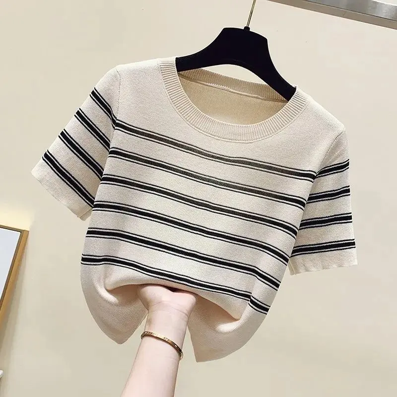 Áo Thun Ngắn Tay Dệt Kim Sọc Đơn Giản, Dành Cho Nữ, Thời Trang Mới Mùa Hè, Dáng Rộng Rãi Và Mỏng Vừa Vặn, Áo Len, Chất Lượng Quầy Hàng