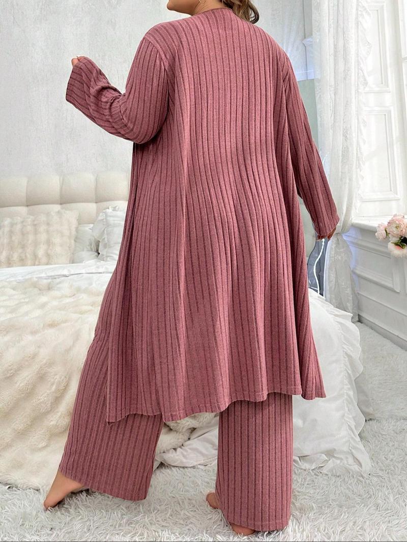 Product Introduction of 【Plus Size】 Solid Crop Top & Wide Leg Pants & Open Front Long Sleeve Outwear Loungewear Three-piece Set, Casual Comfy Pyjama Set for Women, Women's Sleepwear for All Seasons 2