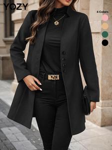 YOZY Women's Solid Button Front Stand Collar Coat, Casual Long Sleeve Outerwear for Fall & Winter, Ladies Clothes for Daily Wear, Fall & Winter Clothes